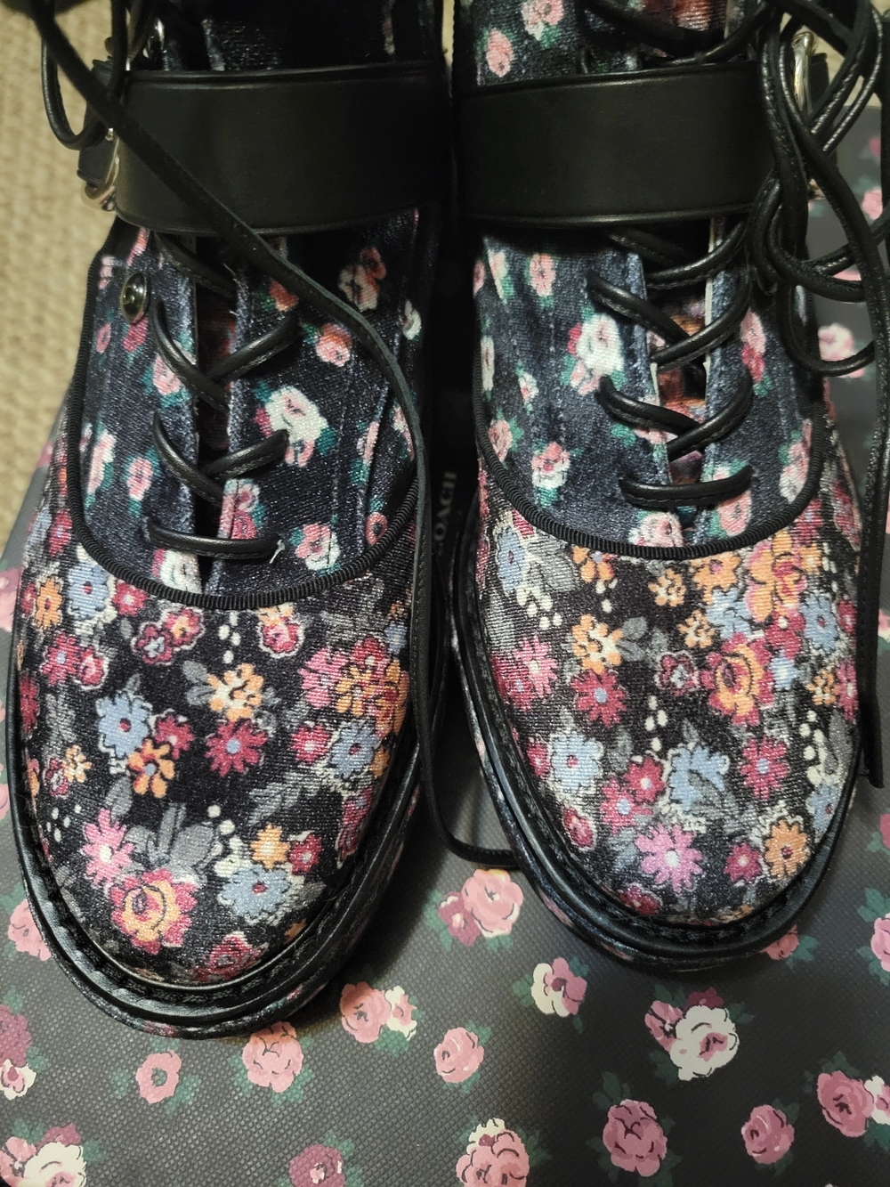 Coach Floral Lace-Up Ankle Boots in Black with Pink & Multicolor Floral Print - Picture 9 of 9